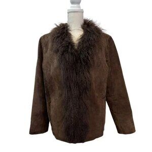 Chico's Penny Lane Suede Mongolian Fur Brown Jacket Medium